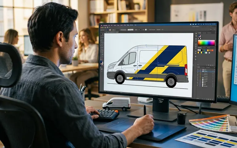 Diseñador trabajando en la propuesta gráfica de una van sobre un mockup vectorial
